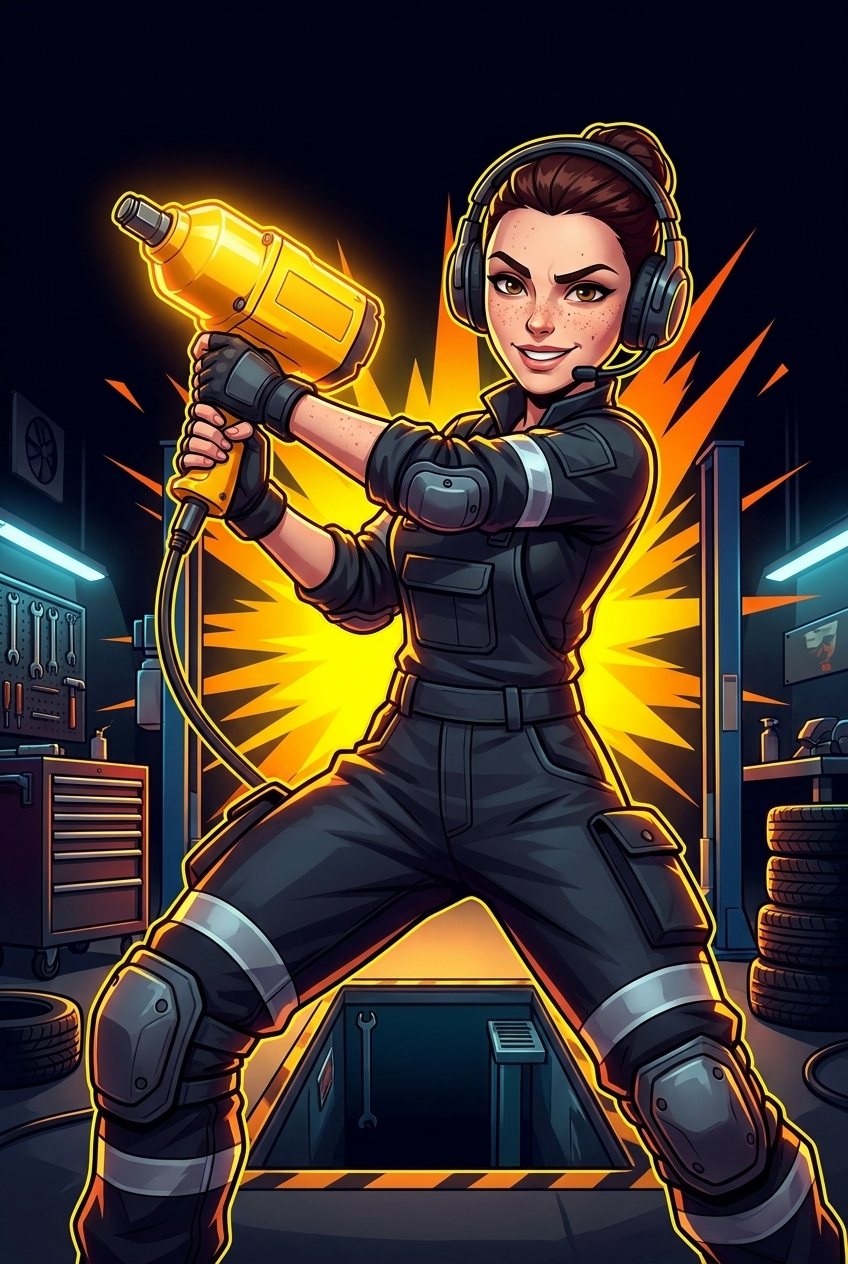 Berta als Championin des Werkstatt Monitor Cups, mit Schlagschrauber und Gaming-Headset