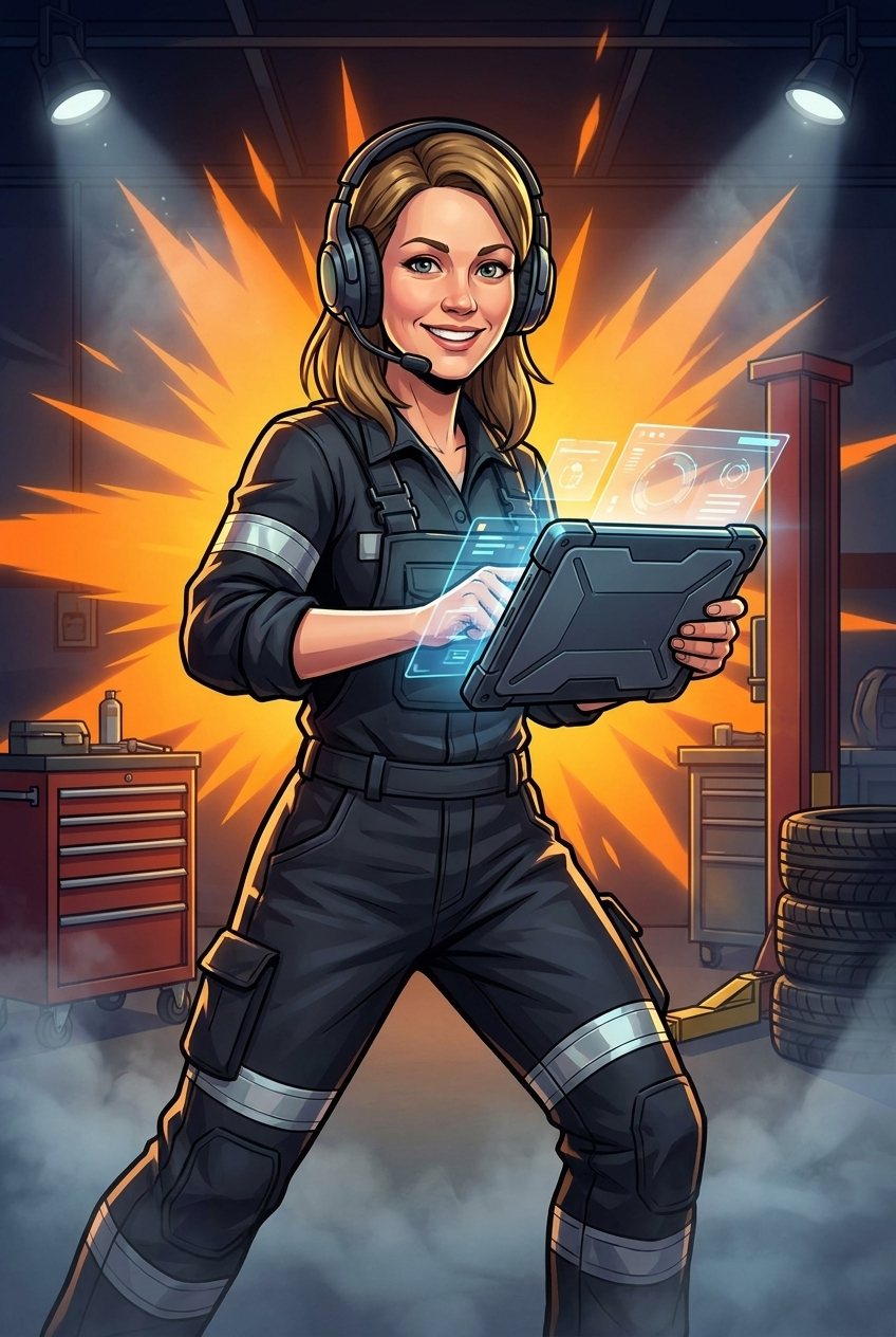 Heidi als Championin des Werkstatt Monitor Cups, mit Diagnose-Tablet und Gaming-Headset